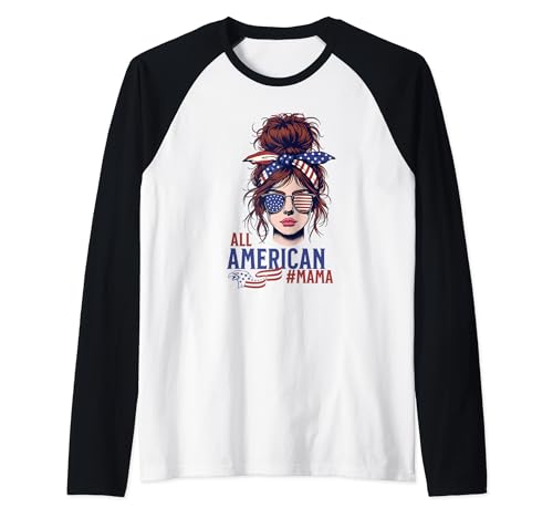 American Mama Messy Bun Hair Glasses Mom USA Flag Patriotic Camiseta Manga Raglan