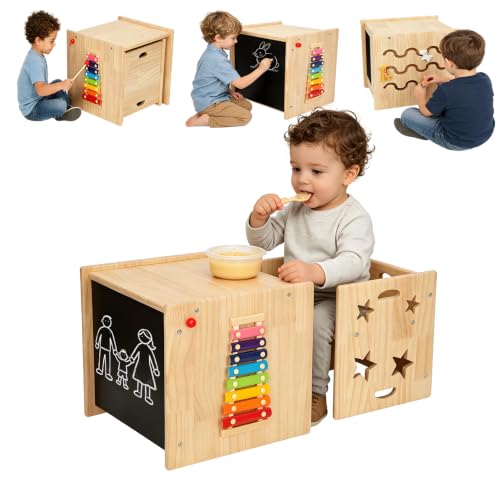 Image of Montessori Weaning Table and Chair Set for Toddlers Age 1-3, Multi-Sensory | Flip Stool to Adjust Height,Blackboard, Animal Matching Maze, Xylophone, Natural Wood,CPC Certification, for Dining, Painting