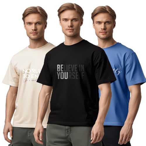 Image of Nobero 100% Cotton Tshirts for Men Combo Pack of 3 | Regular Fit | Printed | Round Neck Half Sleeve