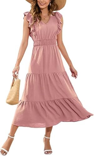MAYFASEY Women's Summer Dresses Causal Ruffle Cap Sleeve Maxi Dress V Neck A Line Flowy High Waist Tiered Midi Dress, Pink, L