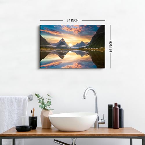 Image of Orange Yellow Sunrise Wall Art Manapouri Lake Landscape Wall Pictures for Living Room Decor Nature Mountain Panorama Canvas Prints Yosemite Posters Artwork Bathroom Decorations 16x24 inch Ready To Hang