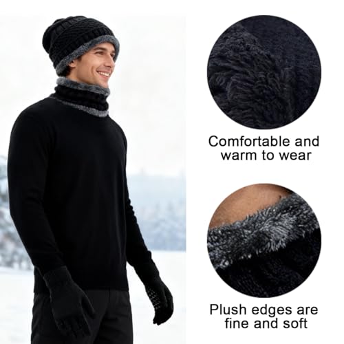 XILEPINGAN Wintermütze Schal Touchscreen Handschuhe Set - Unisex Beanie Strickmütze Winterschal Thermo Handschuhe,Wintermütze Strickmütze Schlauchschal Strickhandschuhe mit Fleece Gefütterte (Grau)
