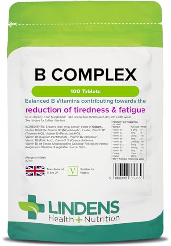 Lindens Vitamin B Complex, 100 Tablets - with 8 B Vitamins, B1,B2,B3,B5,B6,B7,B9,B12 - Reduce of Tiredness & Fatigue, Immune Support - UK Made, Vegan, GMP & Letterbox Friendly