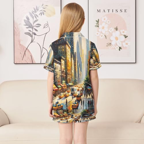 ALAZA New York Street Oil Painting Artwork Satin Pajamas Set Short Sleeve Button Down Sleepwear Summer Pjs 2 Piece4