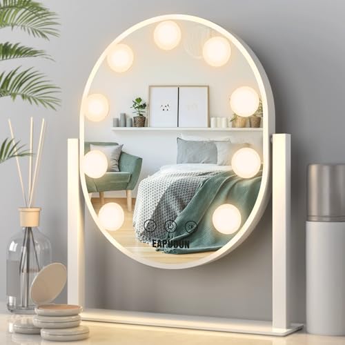 EAPUDUN Oval Vanity Mirror with Lights 9 LED Bulb Hollywood Lighted Makeup Mirror with Smart Touch Control 3 Colors Modes Brightness Adjustable & 360°Rotation