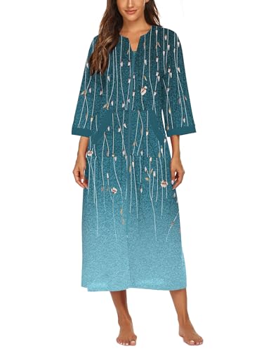 Image of Ekouaer Women Zipper Robe 3 /4 Sleeves Loungewear Dress Full Length Sleepwear Pockets Housecoat Nightgown Long Bathrobe