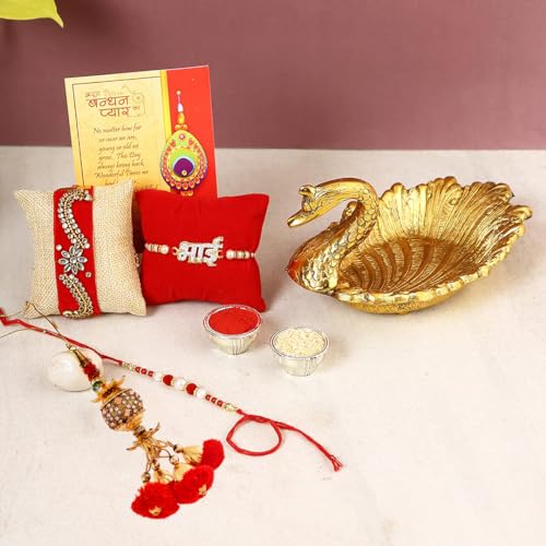 Image of CraftVatika Rakhi for Brother with Gift Item Combo Set - Rakhi for Bhaiya Bhabhi Kids - Rakhis for Rakshabandhan - Metal Swan Serving Tray, Dora Bhai Lumba Velvet, Greeting Card