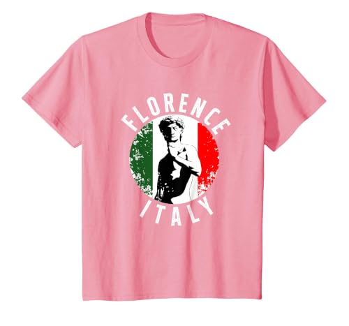 Vintage David Sculpture in Florence Tuscany with Italy Flag T-Shirt, Youth, Pink, Small