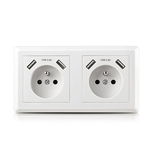 Kaifire Double Prise murale avec 4 ports USB, Prise de courant Normes Françaises et Chargeur USB - Adapté pour Apple/Android