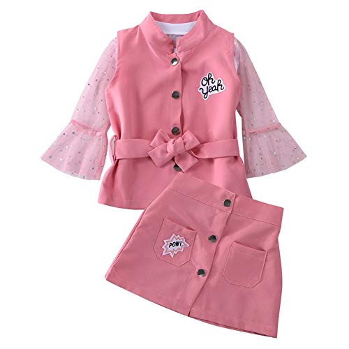 Toddler Baby Girl Fall Skirt Set Belt Jacket Coat Gauze Sleeves T-Shirt Tops Mini Skirts Party Dress Clothes (3Pcs Pink, 18-24 Months)