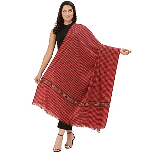 Pashtush Chal de lana fina para mujer, diseño azteca a cuadros, tejido 100 x 200 cm, rojo