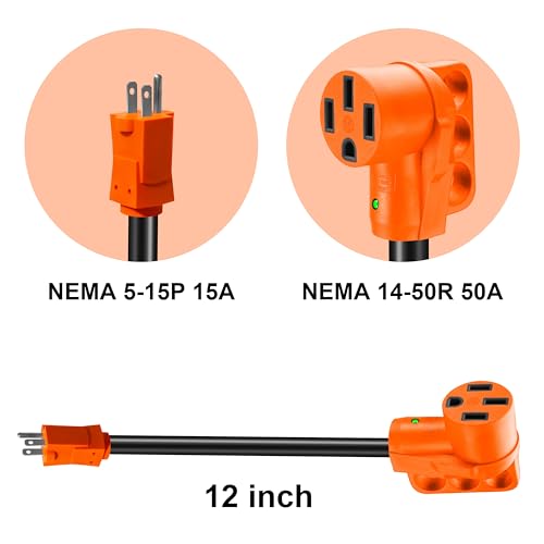 Image of 50 Amp to 110 Volt RV Adapter Cord, Dogbone NEMA 5-15P to 14-50R | RV Electrical Power Adapter with LED Indicator, 10 /3 Gauge Cable, 12 Inch Grip Handle, ETL Listed for Camper Travel Trailer