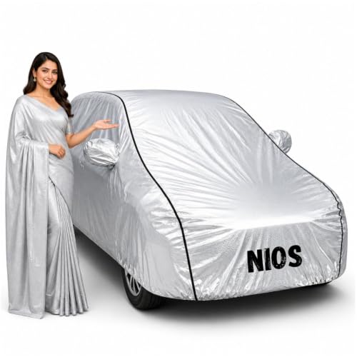 Image of Waterproof Car Body Cover for Nios All Weather Protection Comes with Inner Cotton Lining & Triple Stitched with Mirror & Antenna Pocket Belt & Elastic Fit Metallic Silver with Black Piping1