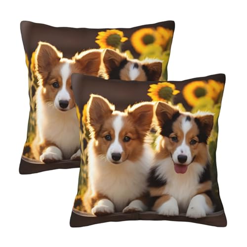 Sunflowers Garden Dogs Square Throw Pillow Covers Set of 2 Decorative Soft Double Side Print Throw Pillow Cases 12x12 Inch Cushion Covers for Couch Sofa Bed Living Room Modern Decor Pillowcases
