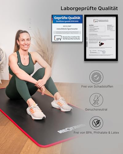 NEOLYMP extra dicke Fitnessmatte rutschfest inkl. Tragegurt & E-Book – Yogamatte, Gymnastikmatte, Sportmatte & Pilates Matte – Trainingsmatte für Zuhause, Studio & Outdoor (Schwarz-Rot 61 cm)