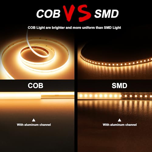 Image of COB LED Strip Light 2700K, 24ft Dimmable Warm White LED Strip Light, CRI92+, DC24V Tape Light with RF Remote Timer Function, Bluetooth App Control for Home Bedroom Kitchen DIY Lighting.