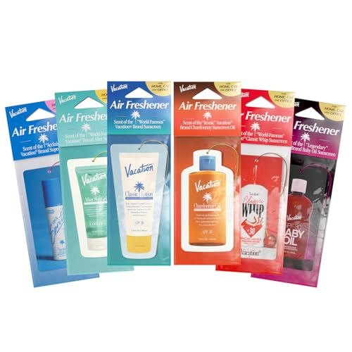 Image of Vacation Air Freshener Variety Pack, 6 Exclusive Summer Scents, Includes Classic Lotion, Chardonnay Oil, After Sun Gel, Classic Whip, Super Spritz & Baby Oil Scents, Deodorizer for Car, Home & Office