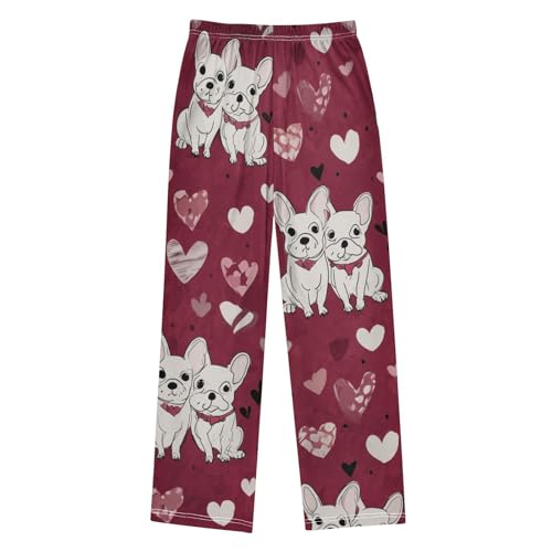 Bulldog Love Hearts Boys Long Pants Soft Trousers Elastic Waist Kids Lounge Bottoms with Pockets S-XL2