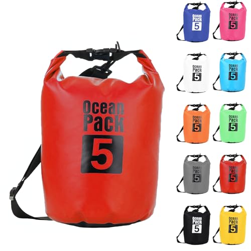 Dry Bag 5L, Boat Dry Bags Red Waterproof Bag Dry Sack Roll Top Long Adjustable Shoulder Strap 2L/5L/10L/20L/30L/40L for Drifting Boating Kayaking Fishing Rafting Swimming Camping Canoeing Surfing