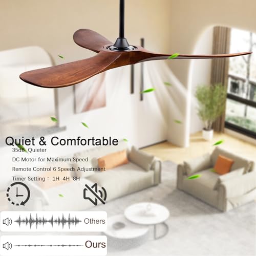 Image of QUTWOB 52 inch 3-Blade Wood Ceiling Fan with Light & Remote, Indoor Outdoor | solid wood blades, quiet dc inverter motor, 6-speed reversible remote, 3-color led light, for indoor outdoor patio garage