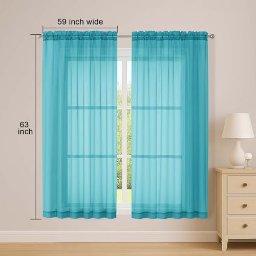 Image of OWENIE Sheer Turquoise Curtains, Sheer Curtains 63 inch Length 2 Panels Set, Rod Pocket Voile Fimly Sheer Drapes for Living Room Bedroom, 2pcs, Turquoise, Each 59 inch W x 63 inch L