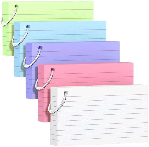 250 Count Colored Index Cards 3x5 Inch with Key Ring, 180gsm Heav...