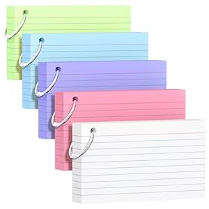 250 Count Colored Index Cards 3×5 Inch with Key Ring, 180gsm Heavy Weight Flash Cards 5 Color (50 Sheets Each), Portable Note Taking for Students, Teachers, Study Note Cards for Office Home School