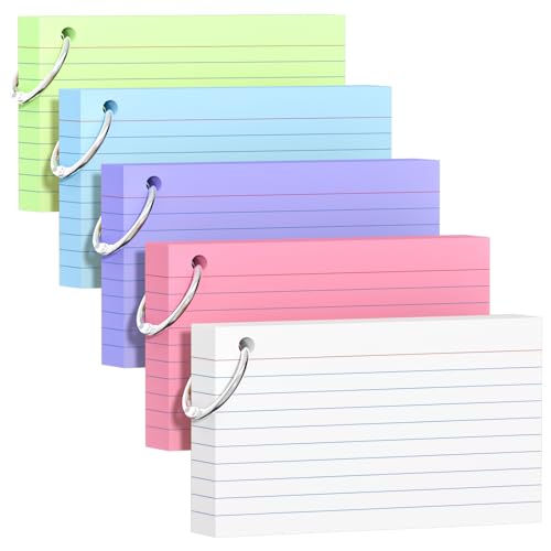 250 Count Colored Index Cards 3×5 Inch with Key Ring, 180gsm Heavy Weight Flash Cards 5 Color (50 Sheets Each) Portable Note Taking for Students, Teachers, Study Note Cards for Office School Supplies