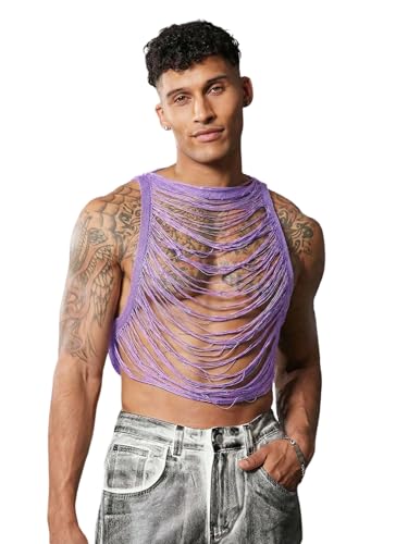 OYOANGLE Men's Hollow Out Ripped Sleeveless See Through Vest Crop Tank Tops