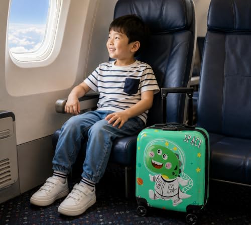 Image of Kids Carry On Luggage with Wheels,18-inch Hard Shell Suitcase Lightweight Toddler Rolling Trolly with Retractable Handle,Durable Hardside Spinner Trolly for Airplane Travel (Green Dino)