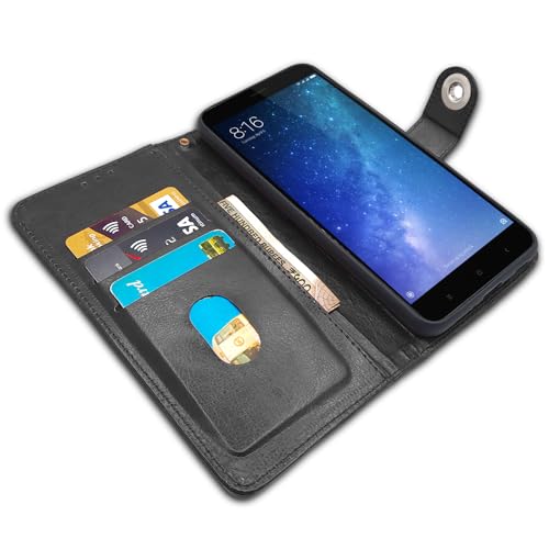 Image of Pikkme Mi Max 2 Flip Cover Leather Finish | Inside TPU with Card Pockets | Wallet Stand and Shock Proof | Complete Protection Button Flip Case (Black)