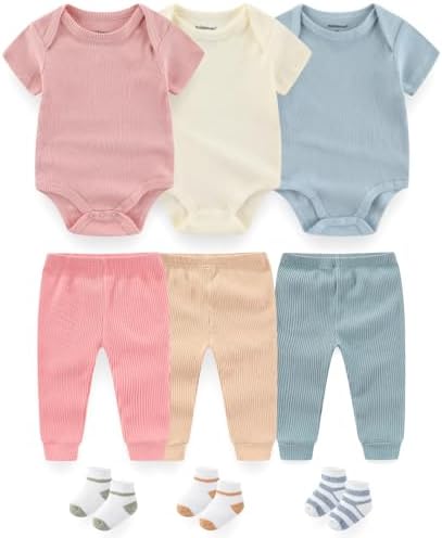 BIGBIGKISS Baby Layette Gift Set 9-Piece Baby Bodysuits and Pant Socks Set Infant Boy Girl Clothes Outfits