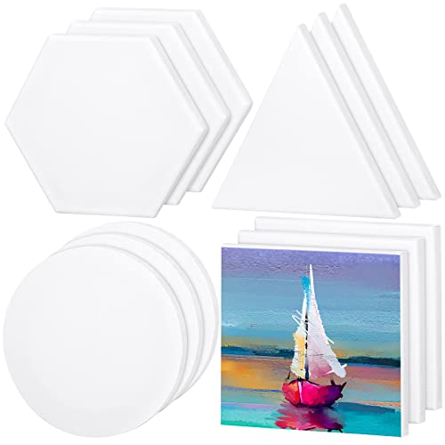 Aodaer 12 Pieces Stretched Canvas Blank Painting Canvas Panel Artist White Canvas Boards Triangle Square Hexagon Round Shape Canvas Frame for Acrylic Pouring Oil Painting, 8 Inch