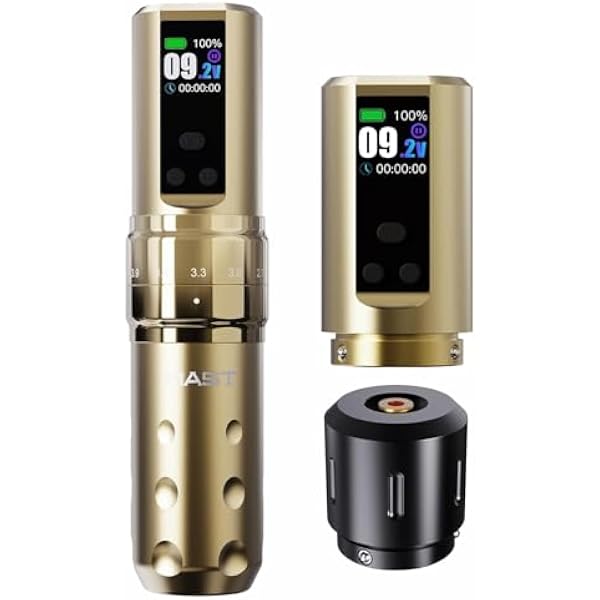 Mast Fold2 Pro Wireless Tattoo Machine Pen Rotary Tattoo Machine Tattoo Gun 7 Strokes Length 2pcs Battery 2000mAh Powerful Motor by Mcore Smart Display Screen Gold Color