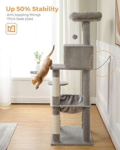 Image of MUTTROS Cat Tree for Large Cats Adult with Metal Plush Big Hammock, 56.3 inch Cat Tower with 2 Door Condo House, 6-Tier Cat Shelves with Scratching Posts and Large Top Perch, Gray