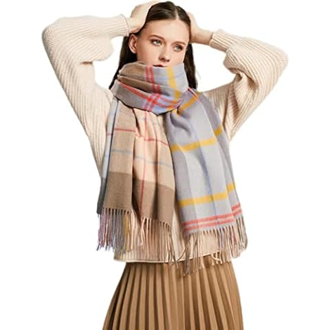 Temminc Pure Wool Scarf, Warm Wool Blanket Scarf, Grey Pashmina Scarf For Women,Women's Fashion Long Shawl Big Grid Winter Warm Lattice Large Scarf Cover
