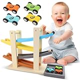 WJMY Kugelbahn Holz ab 1 Jahr, Murmelbahn mit 4 Auto Spielzeug & Parkplatz, Kugelbahn Baby, Geschenk 1 2 Jahre, Geburtstaggeschenke, Kognitive Entwicklung fur Junge Mädchen