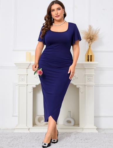Image of ZOMVA 2024 Plus Size Cocktail Dress Comfortable Bell Sleeves Wedding Guest Square Neck Semi Formal