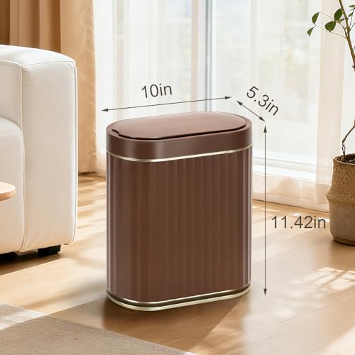 Image of ELPHECO Bathroom Motion Sensor Trash can, 2 Gallon Automatic Garbage Can, Slim Plastic Smart Trash Can with Lid, Commercial Intelligent Trash Bin for Bedroom, Bathroom, Office, Brown Gold