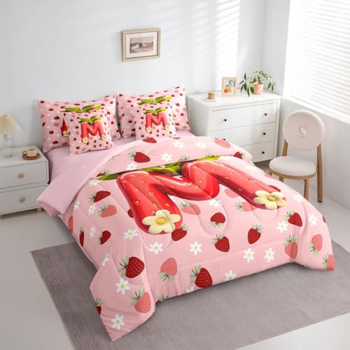 Image of Feelyou Girls Strawberry Comforter Set with Sheets 7 Piece King Size Pink Strawberry Bedding Set for Kids Boys Girls Initial Letter M Bed in a Bag Room Decor Soft Lightweight Microfiber