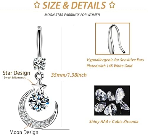 925 Sterling Silver Drop Dangle Earrings for Women Girls Sparkling Star Moon Earrings Crystal Earrings Asymmetric Jewellery Gift for Women Girls