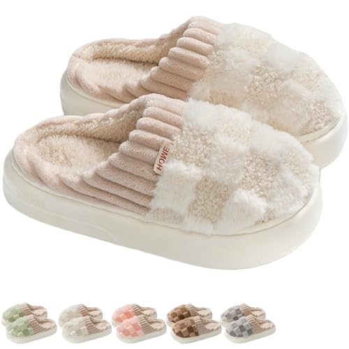 Checkered Slippers for Women Men Indoor Warm Cozy Winter Fuzzy Slippers Unisex Plush Plaid Home Bedroom House Shoes Slip On Non-Slip