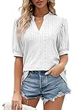 Funlingo Women's Summer Puff Short Sleeve T-Shirts Dressy V Neck Eyelet Tops Casual Tunic Blouses Wh