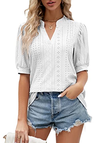 Funlingo Women's Summer Puff Short Sleeve T-Shirts Dressy V Neck Eyelet Tops Casual Tunic Blouses White Medium #TOP12