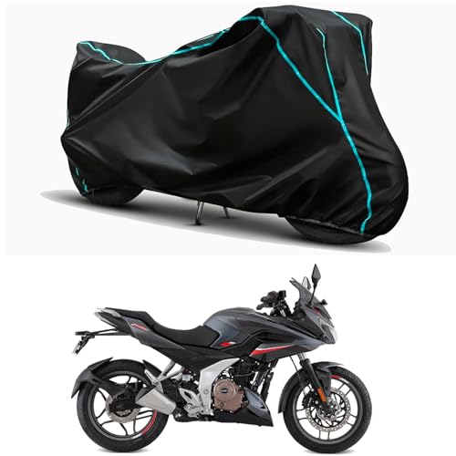 Image of Waterproof Bike Body Cover Compatible for | Bajaj Pulsar F250 | Taffeta Fabric, Sky Piping Design, Bottom Elastic Fit | Dustproof, Sun UV & Rain Protection for All Weather.