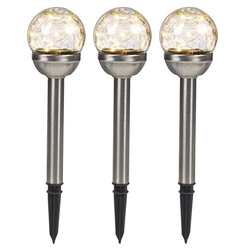 Image of GardenKraft 14160 LED Globe Solar Stake Lights |3 Pack | Weatherproof Cracked Glass Effect | Auto On | 34cm, Stainless Steel Crackle