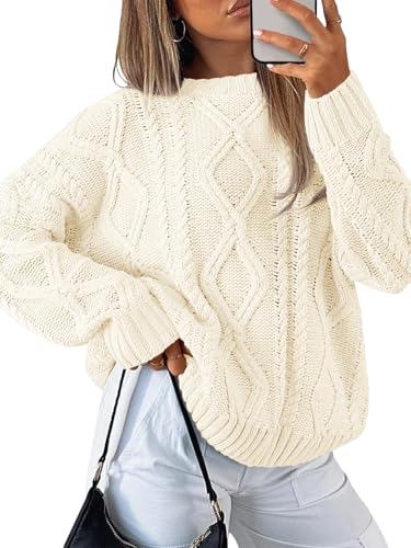 IPMQ Womens Oversized Sweaters Cable Knit Crewneck Tops Long Sleeve Casual Outfits Winter 2025 Beige