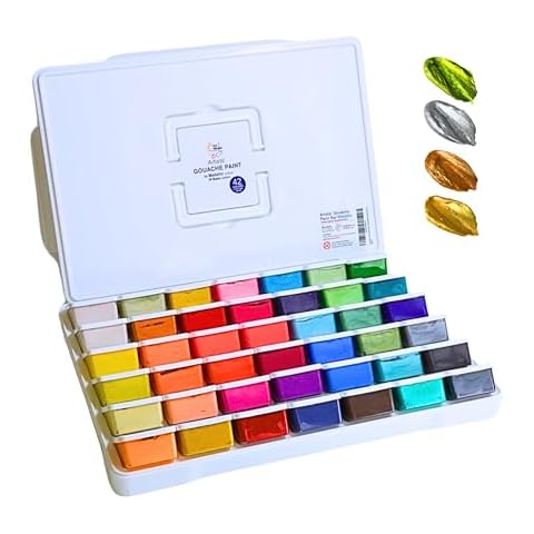 Gouache Paint Set 42x50 ml With Lids - 24 Metallic and 18 Base Colors Cover