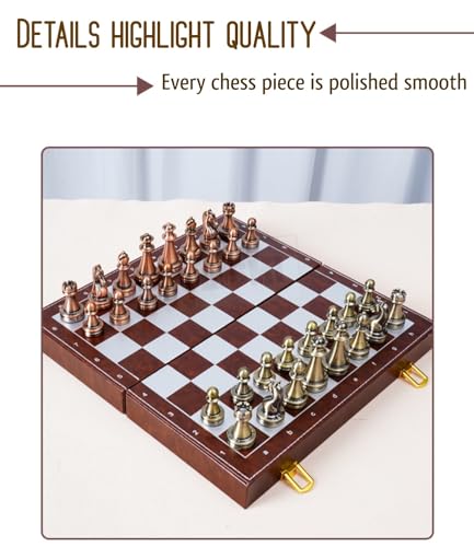 Image of Classic Leather & Metal Chess Board for Family Fun| Foldable Magnetic Pieces with Extra Queens | Portable Travel & Educational Indoor& Outdoor Game | Suitable for Boys and Girls (12 Inch)