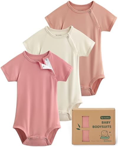 Yoofoss Baby Bodysuits Rayon Made From Bamboo, Soft Baby Short Sleeve Baby Boys Girls Clothes Breathable Newborn Infant Romper, 3 Pack, 0-3 Months, Apricot&Pink